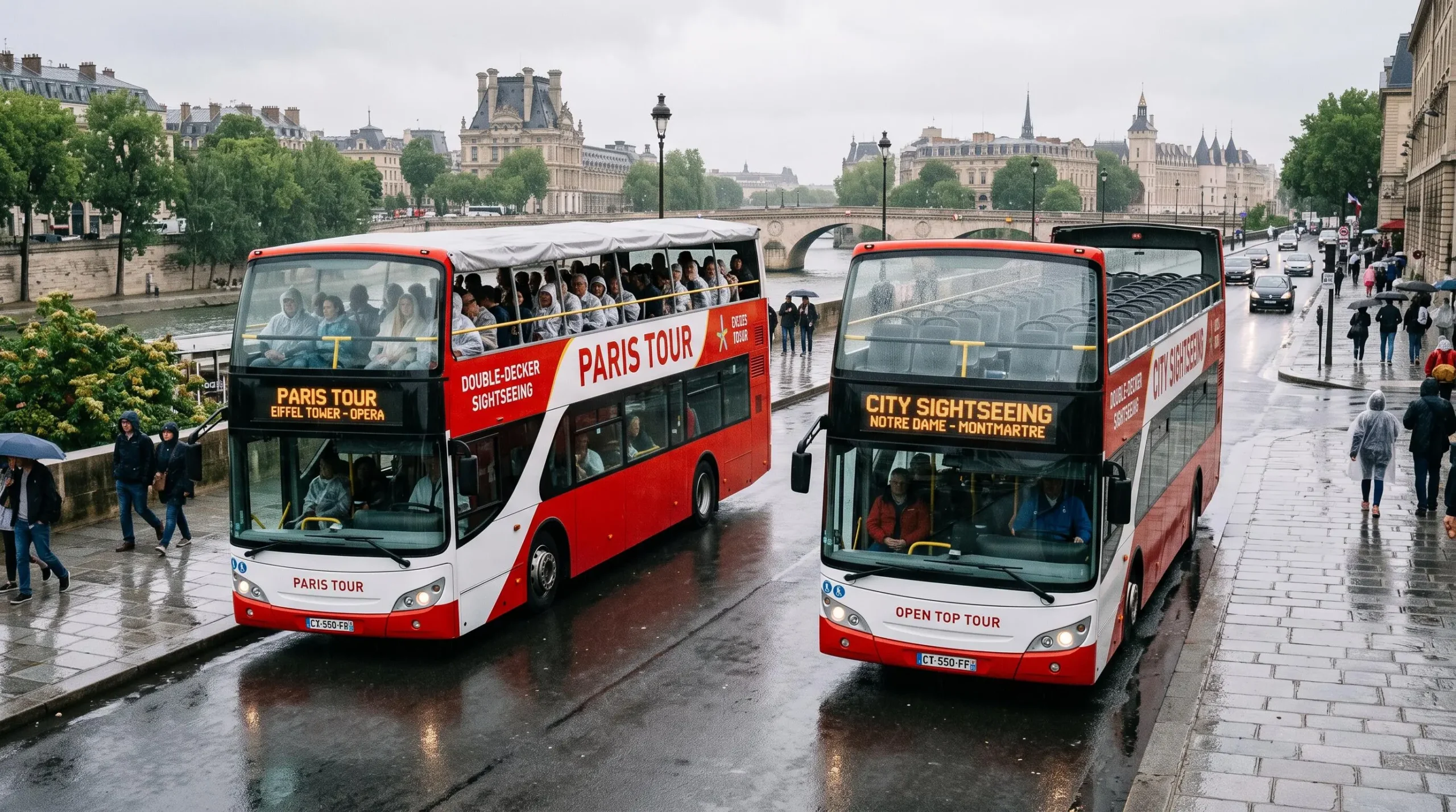 Two double-decker tour buses side by side in light rain, one with a closed canopy upper deck and one with an open deck.