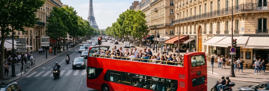 An open-top double-decker hop-on hop-off tour bus carrying tourists along a Paris avenue near the Eiffel Tower.