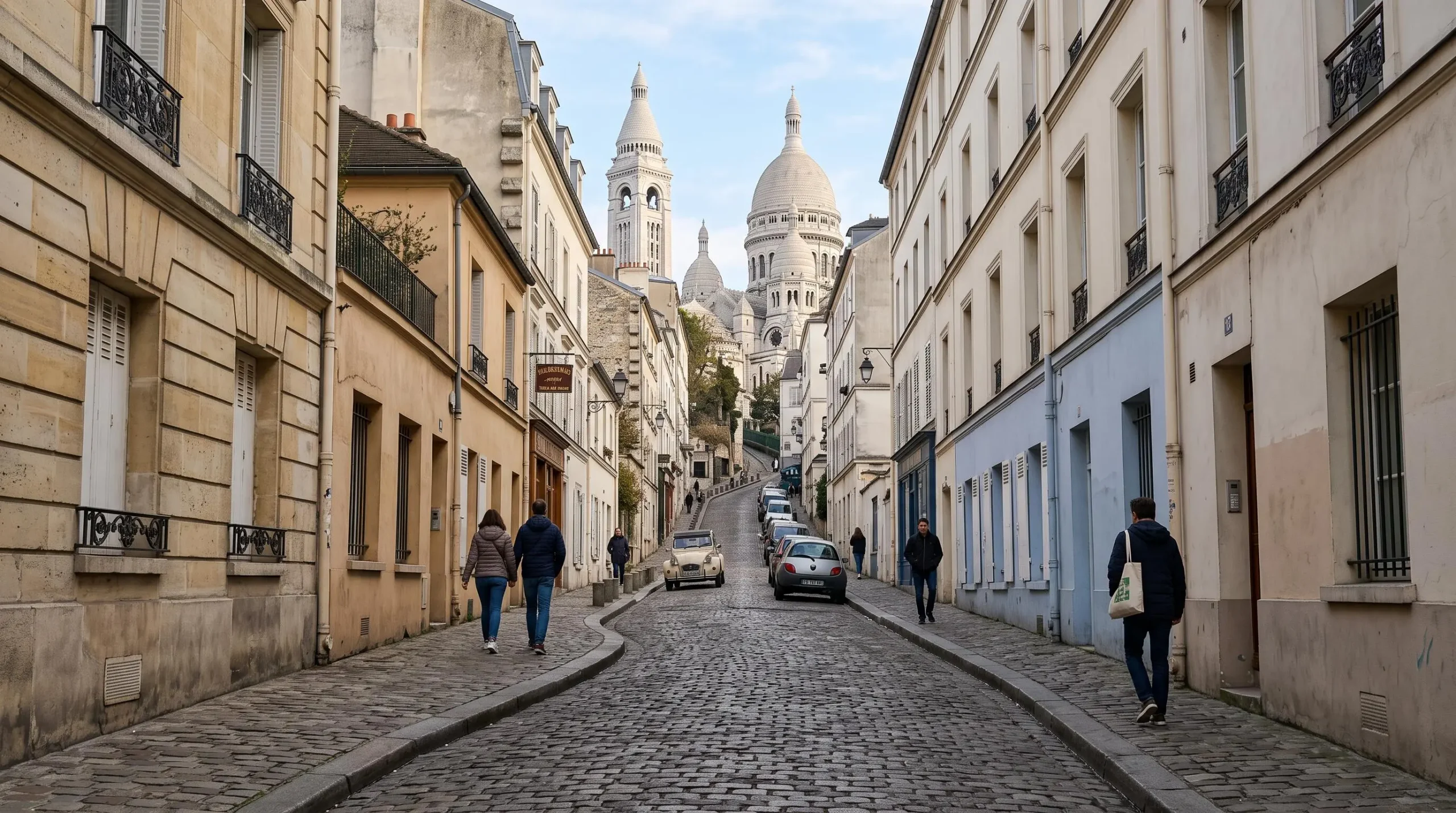 The Montmartre hill in Paris with Sacré-Cœur at the top and narrow streets without any tour bus access.