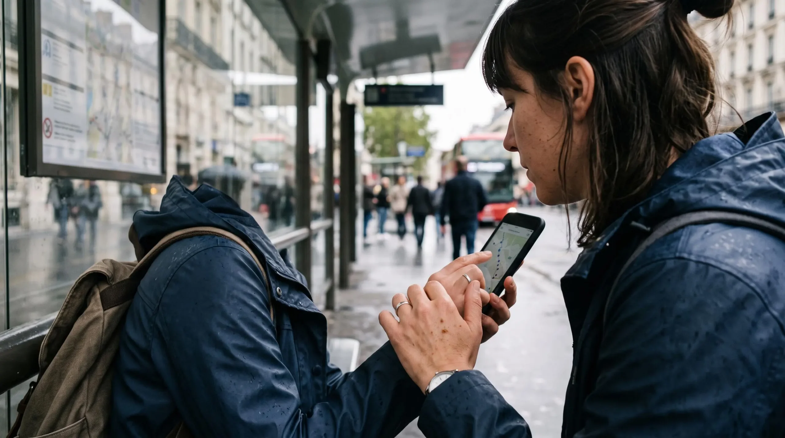 A tourist uses a smartphone tour app to track bus locations while waiting at a Paris stop.