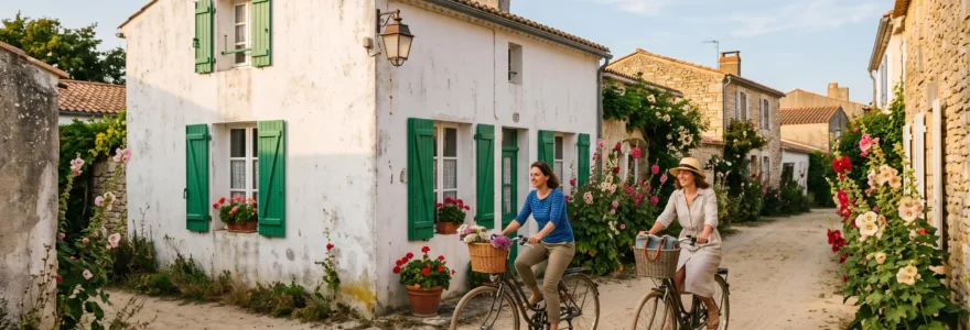Two cyclists ride along a whitewashed village lane with green shutters on Île de Ré.