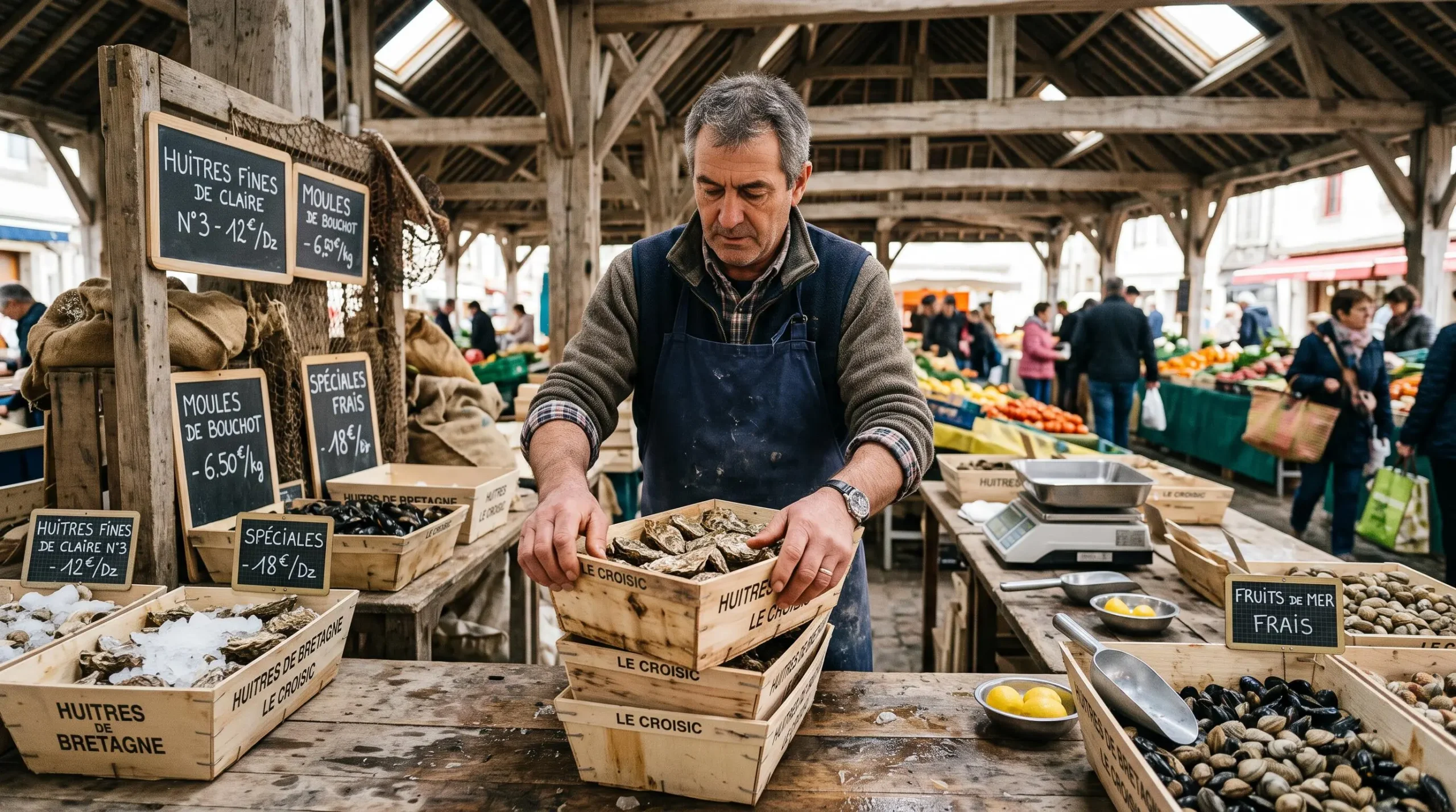 A stall holder arranges oyster crates at a morning market on the island.