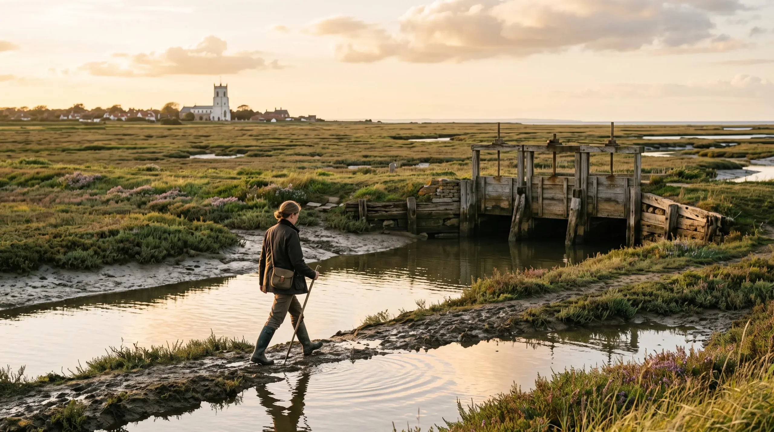 A visitor walks beside a salt marsh channel at golden hour on the island.