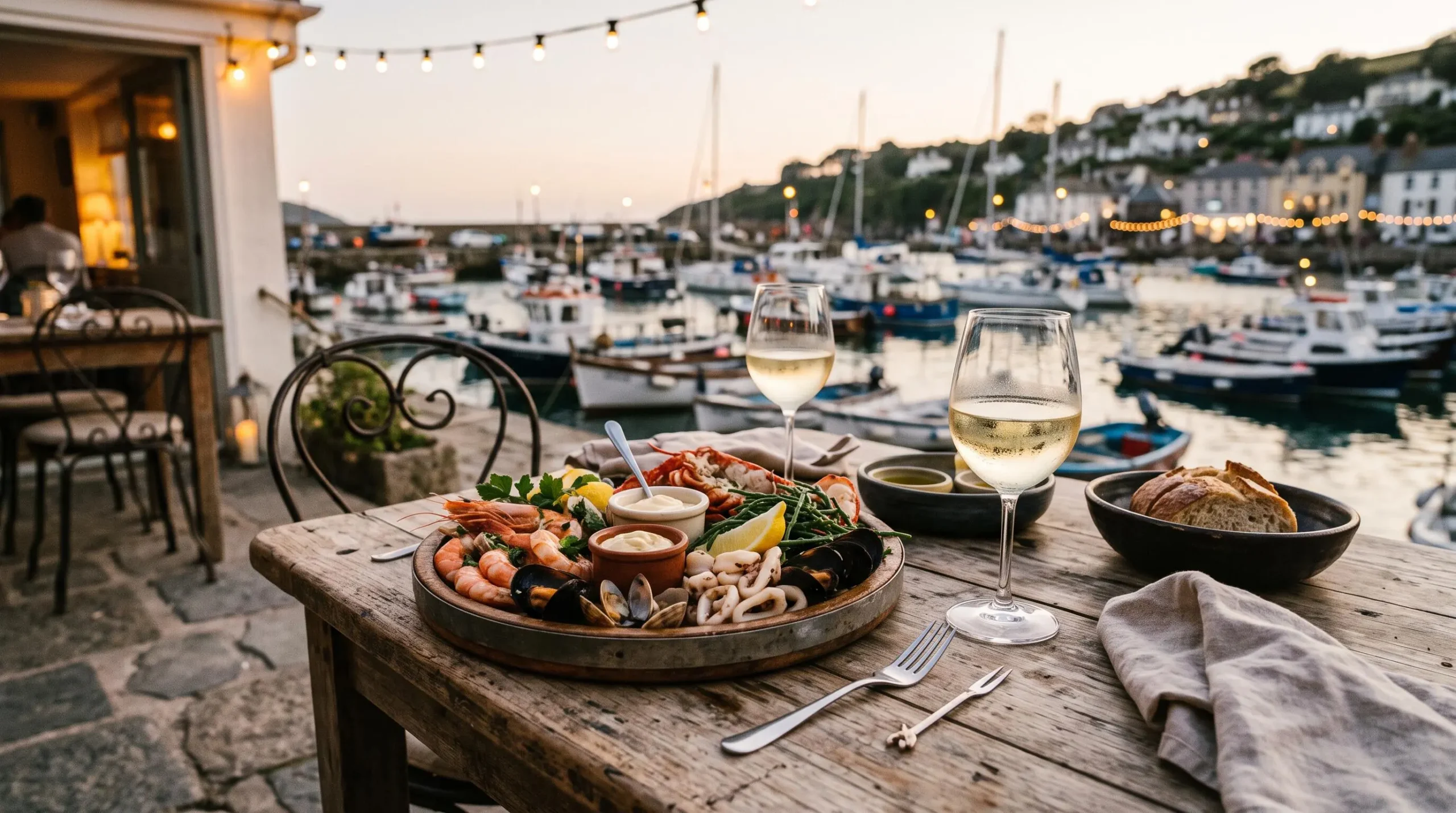 Seafood platter and wine glasses on a harbourside terrace table in the evening.